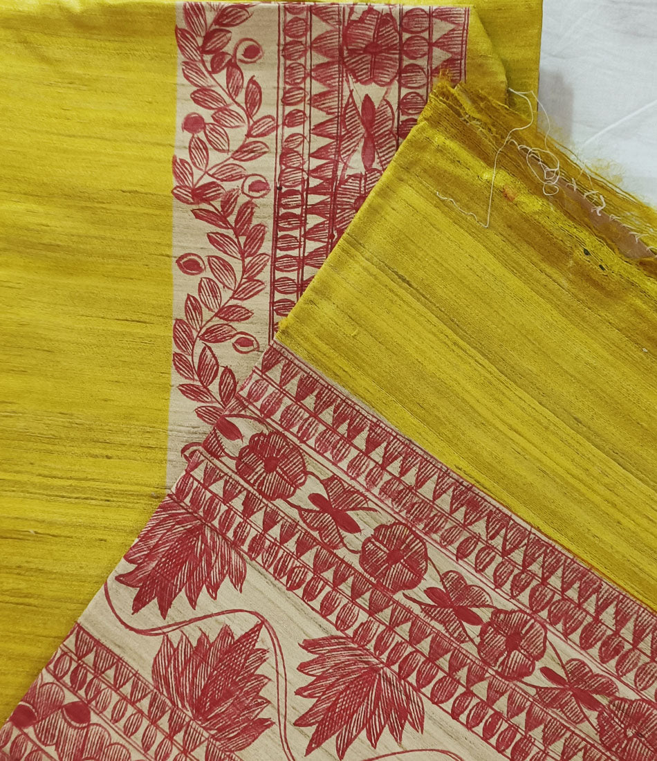 Bright Yellow Madhubani Hand Painted Tussar Ghicha Silk Saree