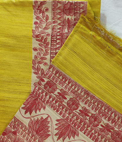 Bright Yellow Madhubani Hand Painted Tussar Ghicha Silk Saree