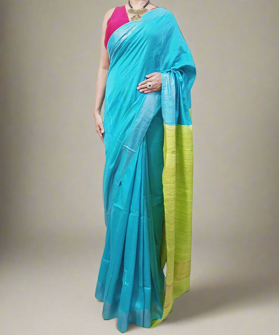 Blue and Green Handloom Viscose and Ghicha Silk Saree