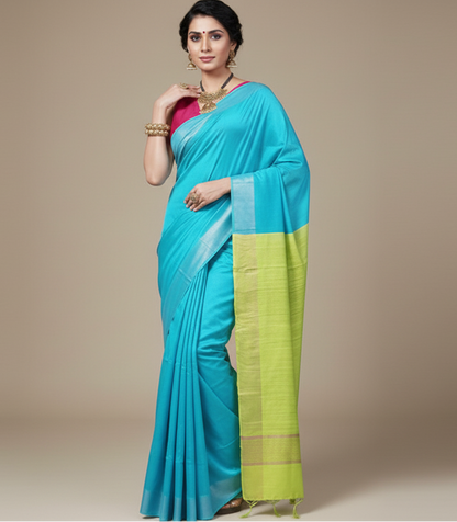 Blue and Green Handloom Viscose and Ghicha Silk Saree