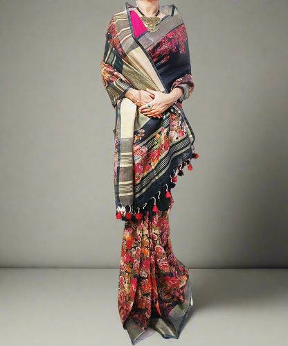 Black Floral Printed Linen Saree