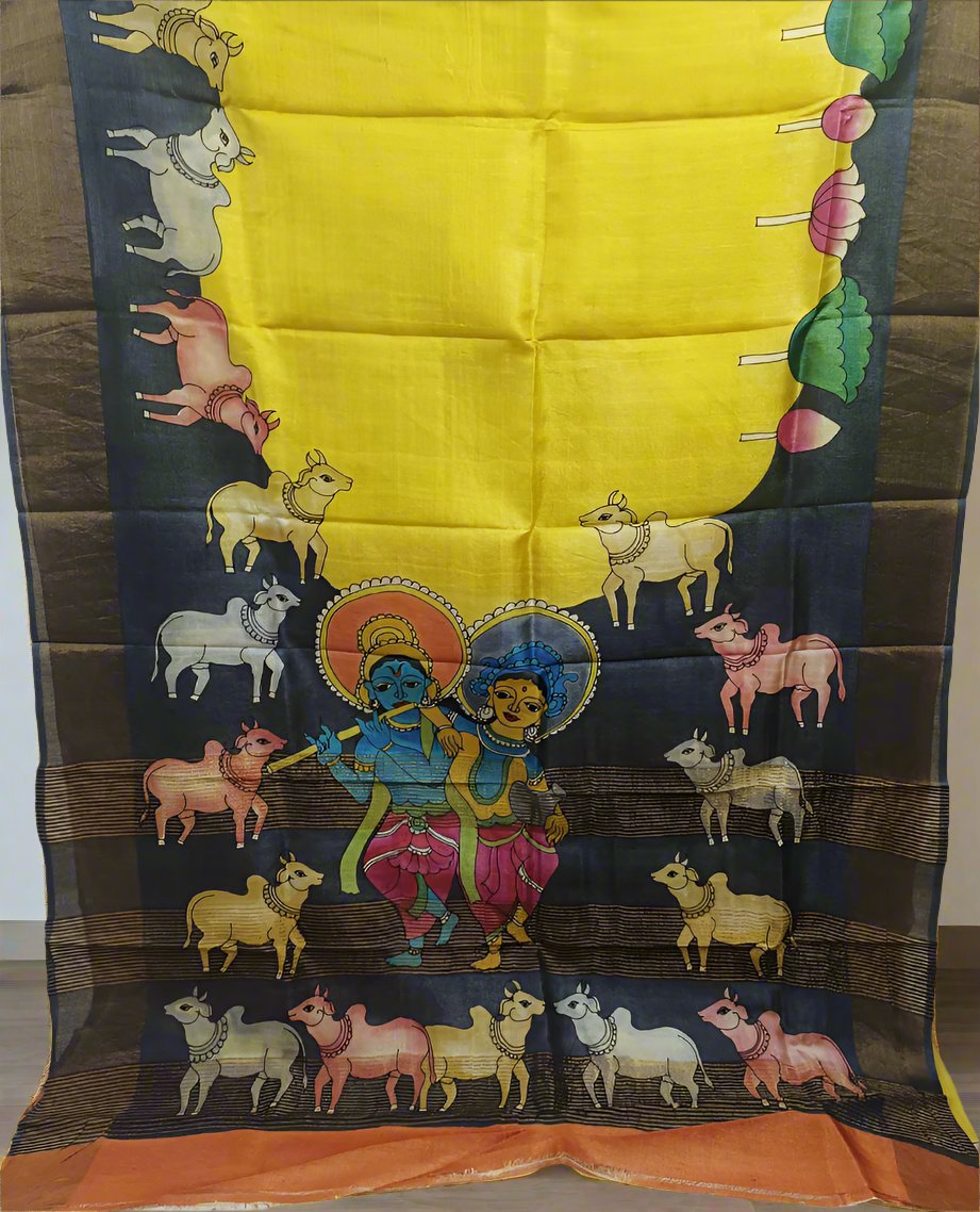 Yellow Radha Krishna Kalamkari Tussar Silk Saree