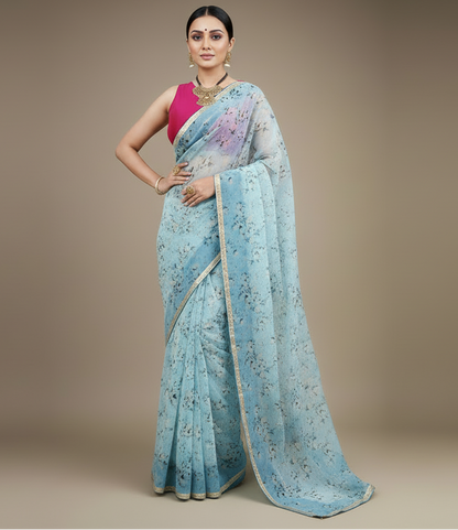 Bottle Green Printed Organza Saree