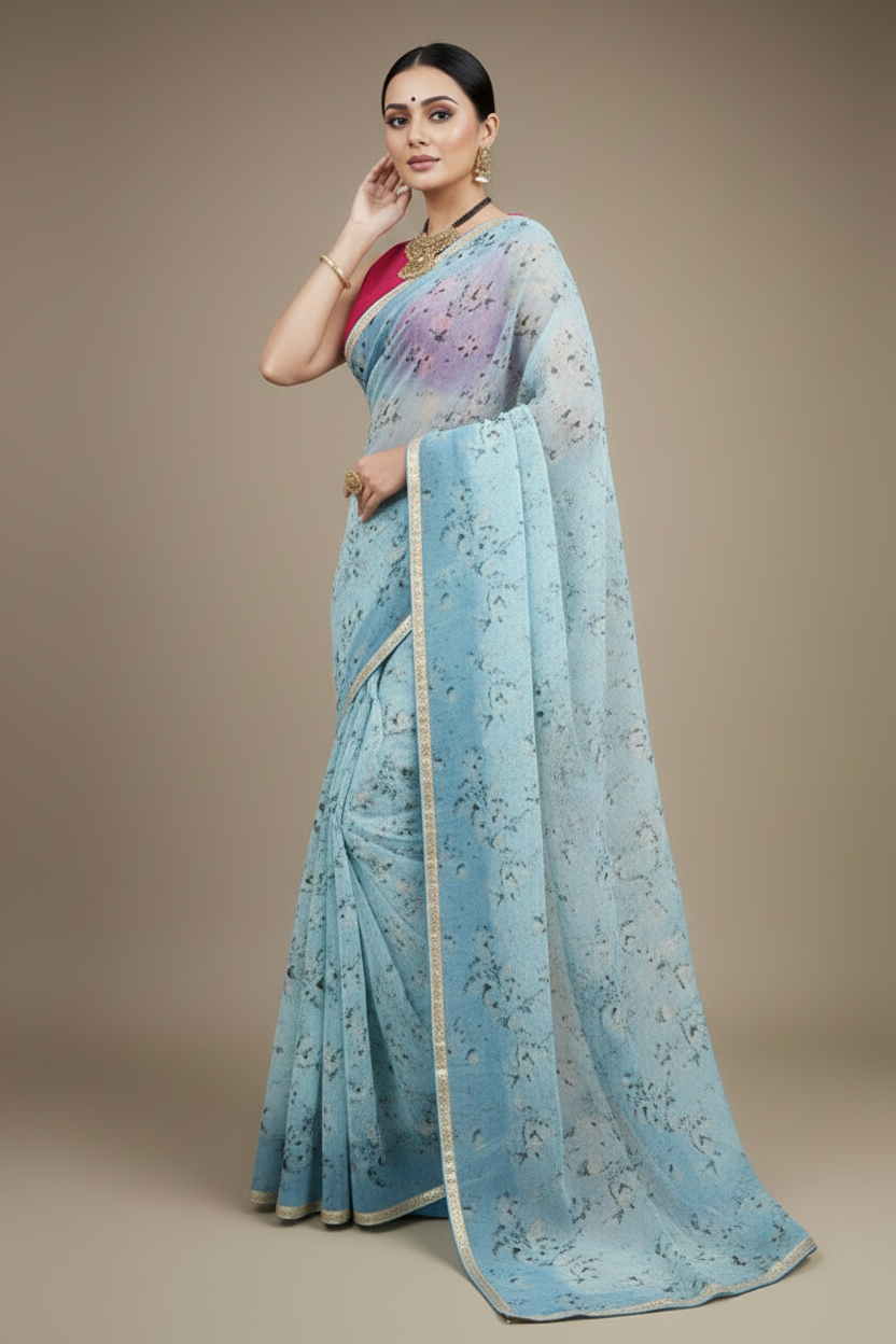 Bottle Green Printed Organza Saree