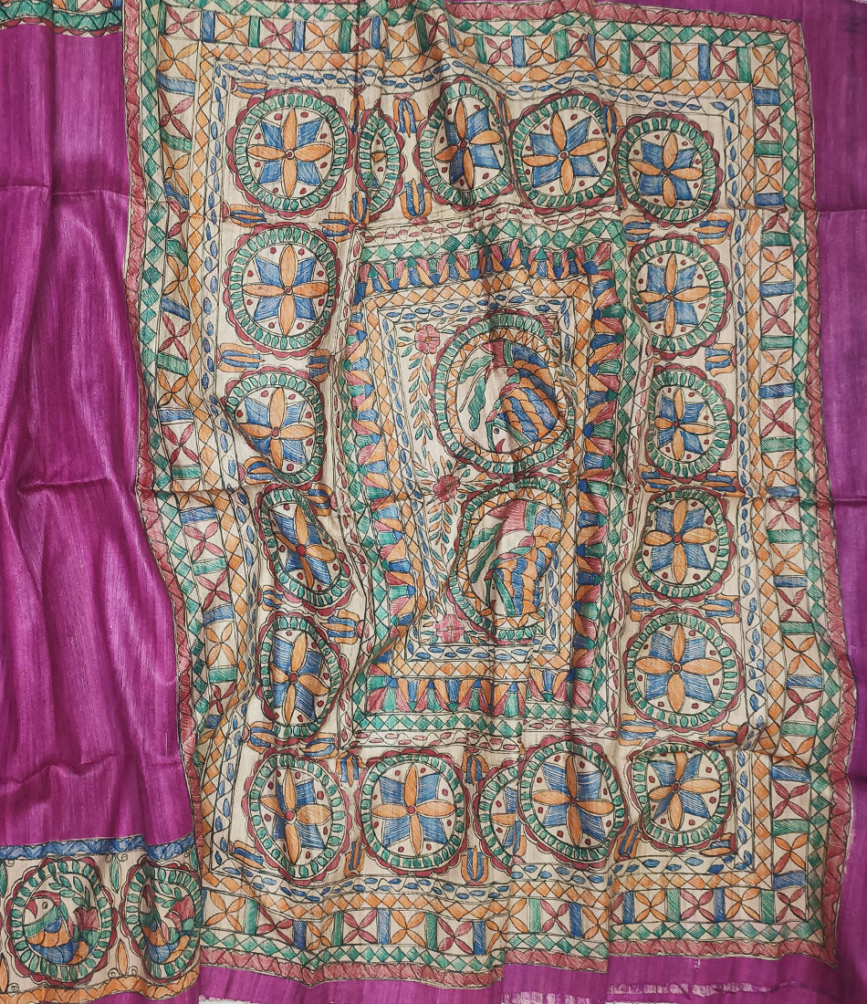 Magenta Madhubani Hand Painted Tassar Silk Saree