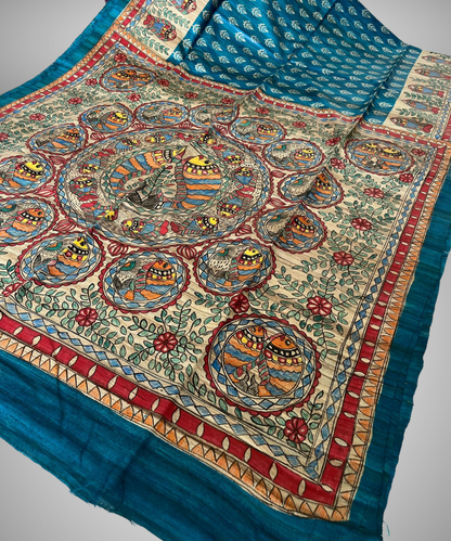 Neel Matsya Hand-Painted Madhubani Tussar Ghicha Silk Saree in Peacock Blue and Natural Gold