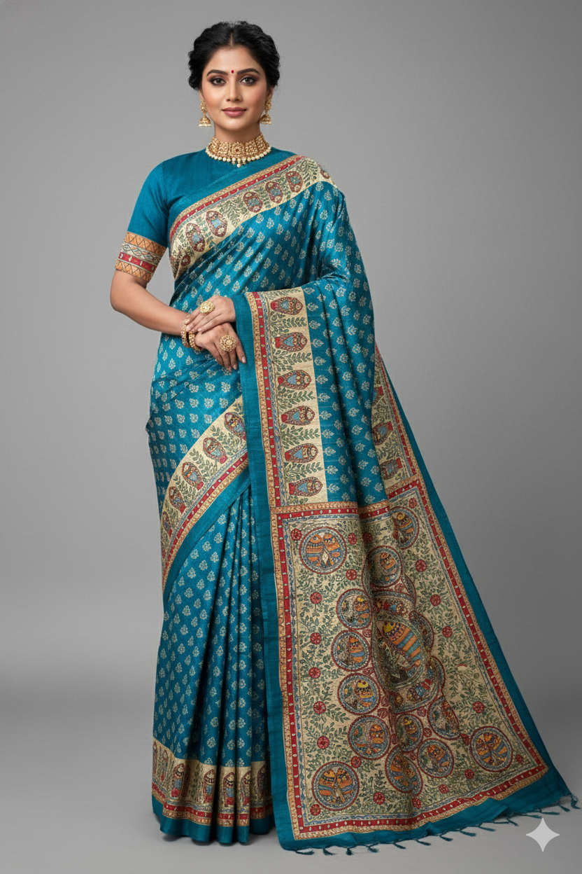 Neel Matsya Hand-Painted Madhubani Tussar Ghicha Silk Saree in Peacock Blue and Natural Gold
