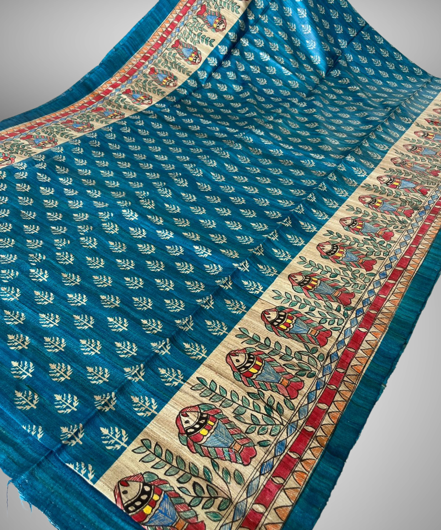 Neel Matsya Hand-Painted Madhubani Tussar Ghicha Silk Saree in Peacock Blue and Natural Gold