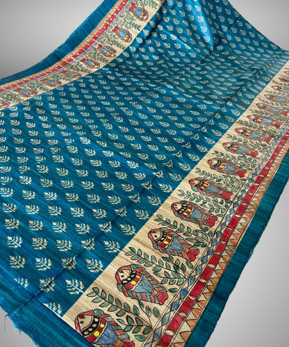 Neel Matsya Hand-Painted Madhubani Tussar Ghicha Silk Saree in Peacock Blue and Natural Gold