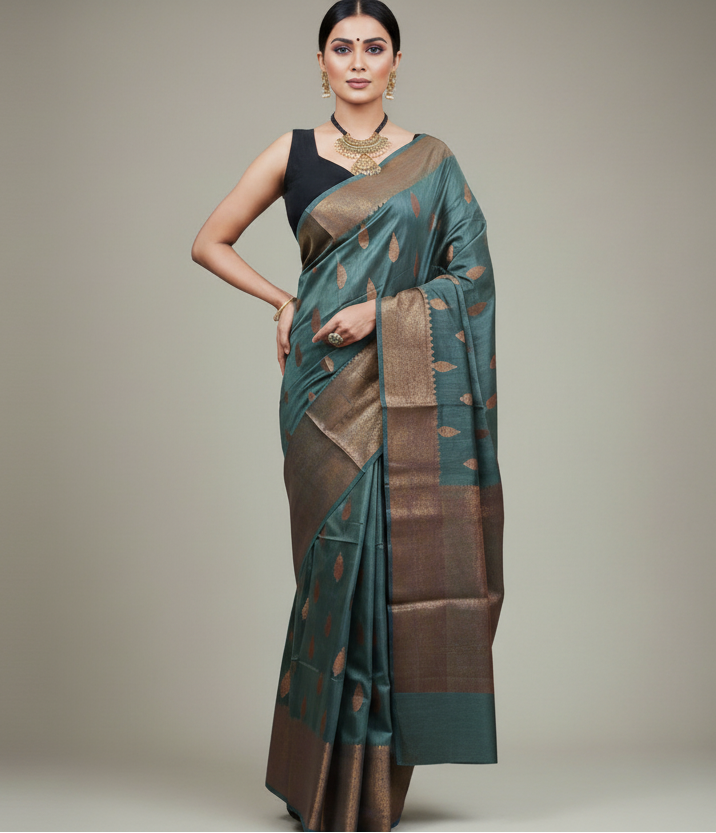 Weaved Buta Grey Munga Silk Saree