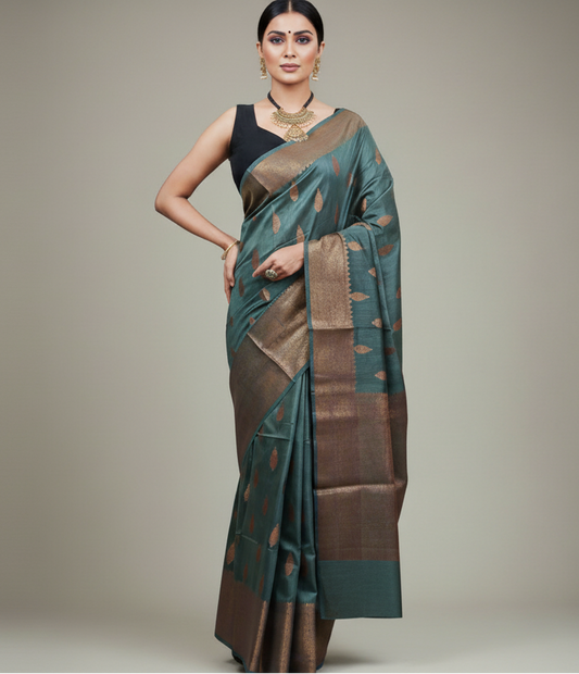 Weaved Buta Grey Munga Silk Saree