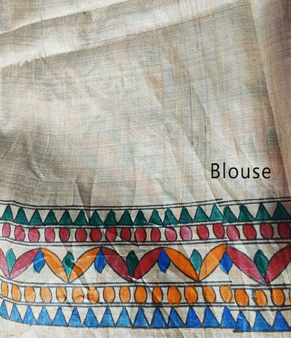 Geometrical Design Madhubani Hand Painted Desi Tussar Silk Saree