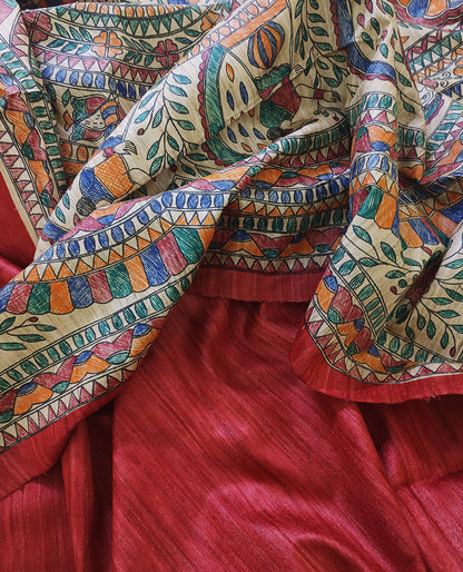 Red Half & Half Madhubani Hand Painted Pure Tussar Ghicha Silk Saree