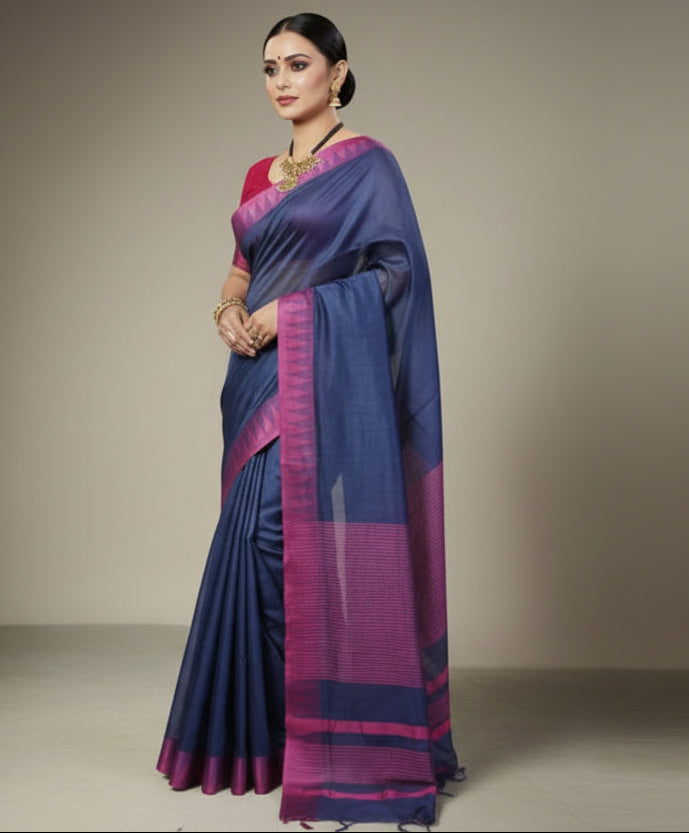Temple Border Navy Blue Kota Viscose Saree