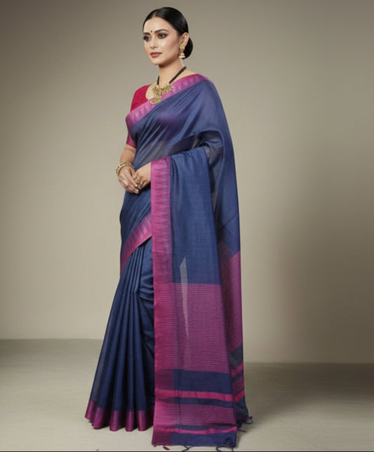 Temple Border Navy Blue Kota Viscose Saree
