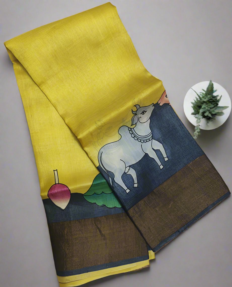 Yellow Radha Krishna Kalamkari Tussar Silk Saree