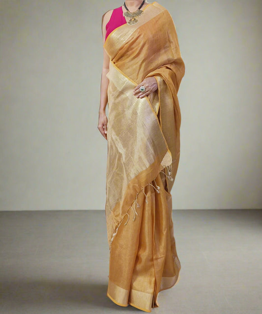 Golden Brown Tissue Linen Saree
