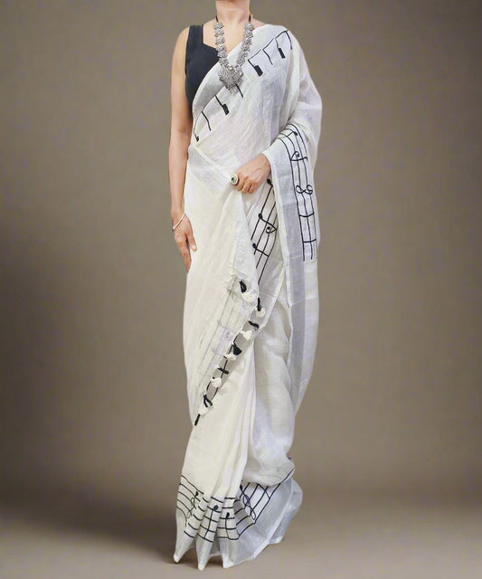 White Handloom Pure Linen Saree