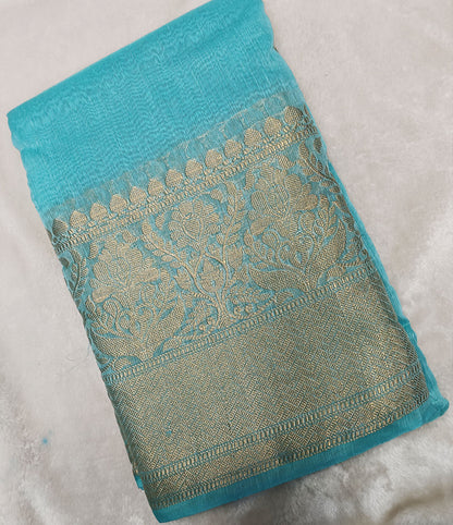 Blue Pure Banarasi Silk Linen Saree with Silver Border