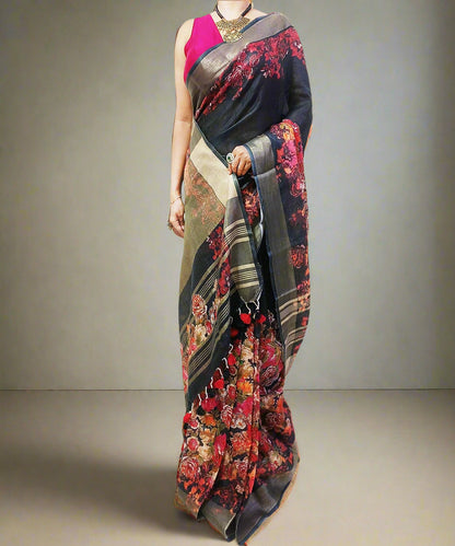 Black Floral Printed Linen Saree