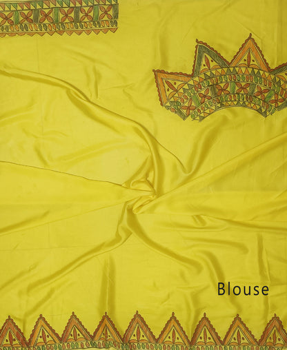 Yellow Madhubani Hand Painted Natural Crepe Saree