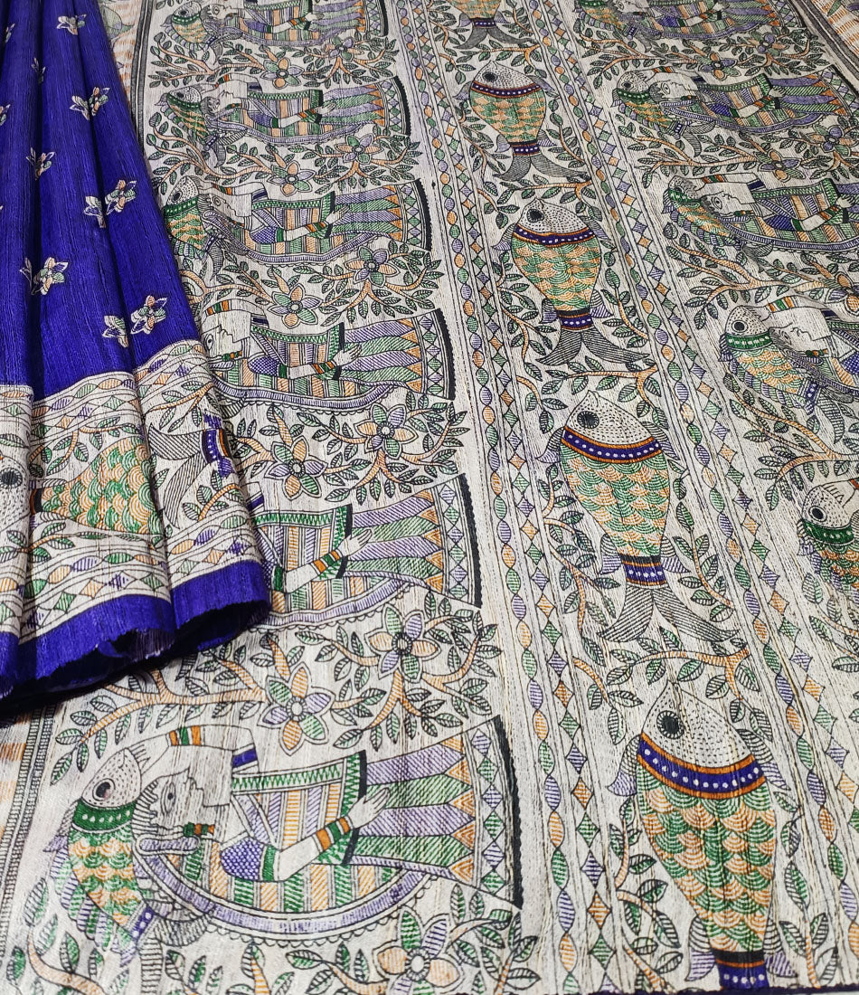 Royal Blue Tussar Ghicha Madhubani Printed Silk Saree