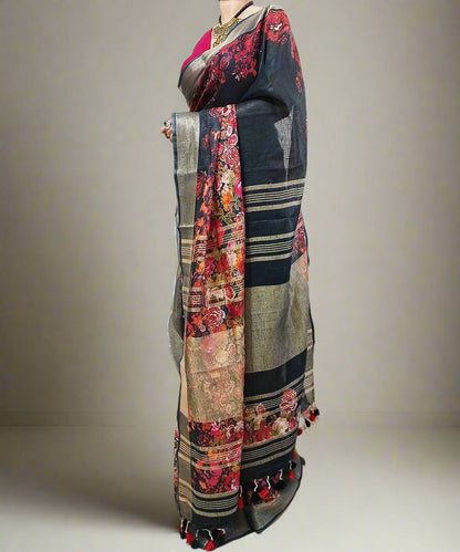 Black Floral Printed Linen Saree