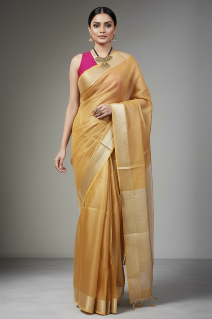 Golden Brown Tissue Linen Saree