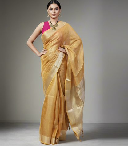Golden Brown Tissue Linen Saree