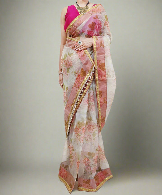 Rust Floral Printed Organza Saree