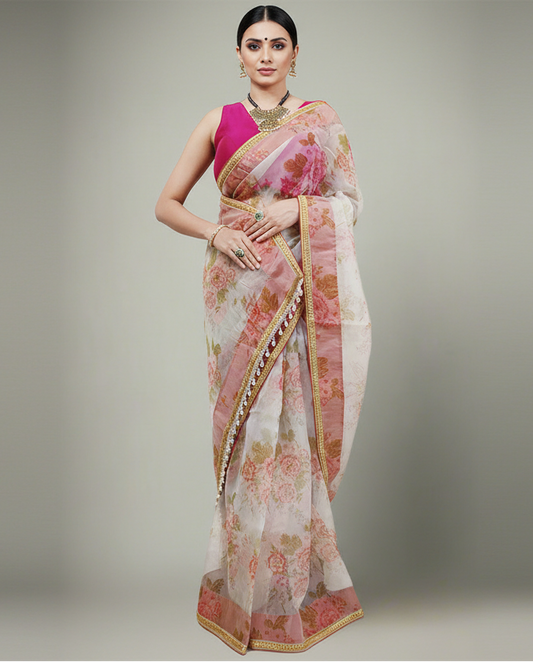 Rust Floral Printed Organza Saree