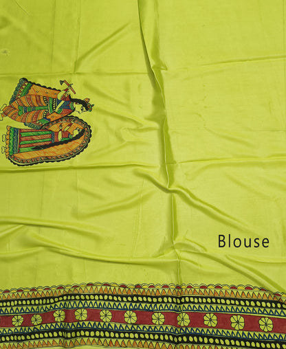Lemon Green Madhubani Hand Painted Natural Crepe Saree
