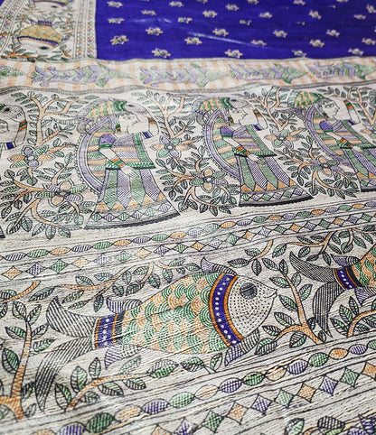 Royal Blue Tussar Ghicha Madhubani Printed Silk Saree