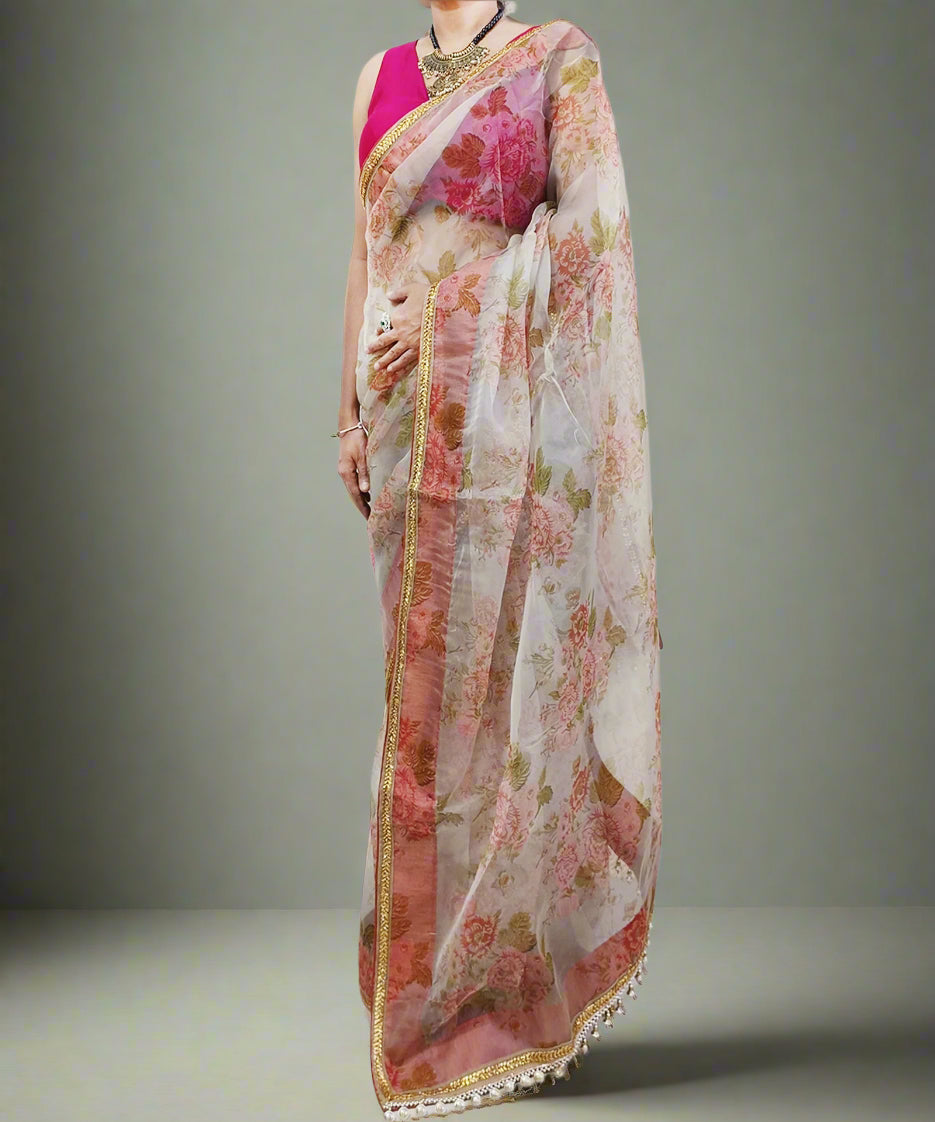 Rust Floral Printed Organza Saree