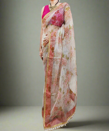 Rust Floral Printed Organza Saree