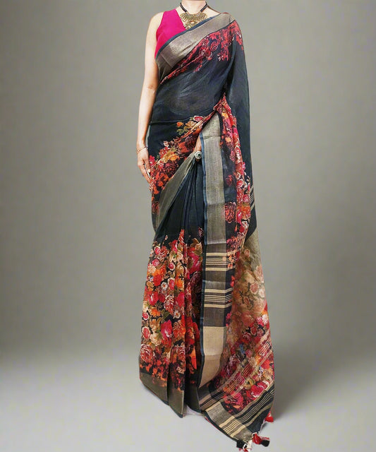 Black Floral Printed Linen Saree
