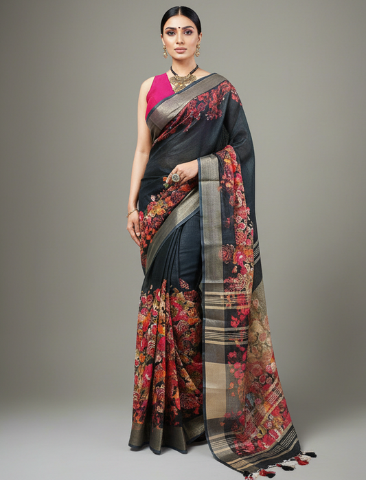 Black Floral Printed Linen Saree