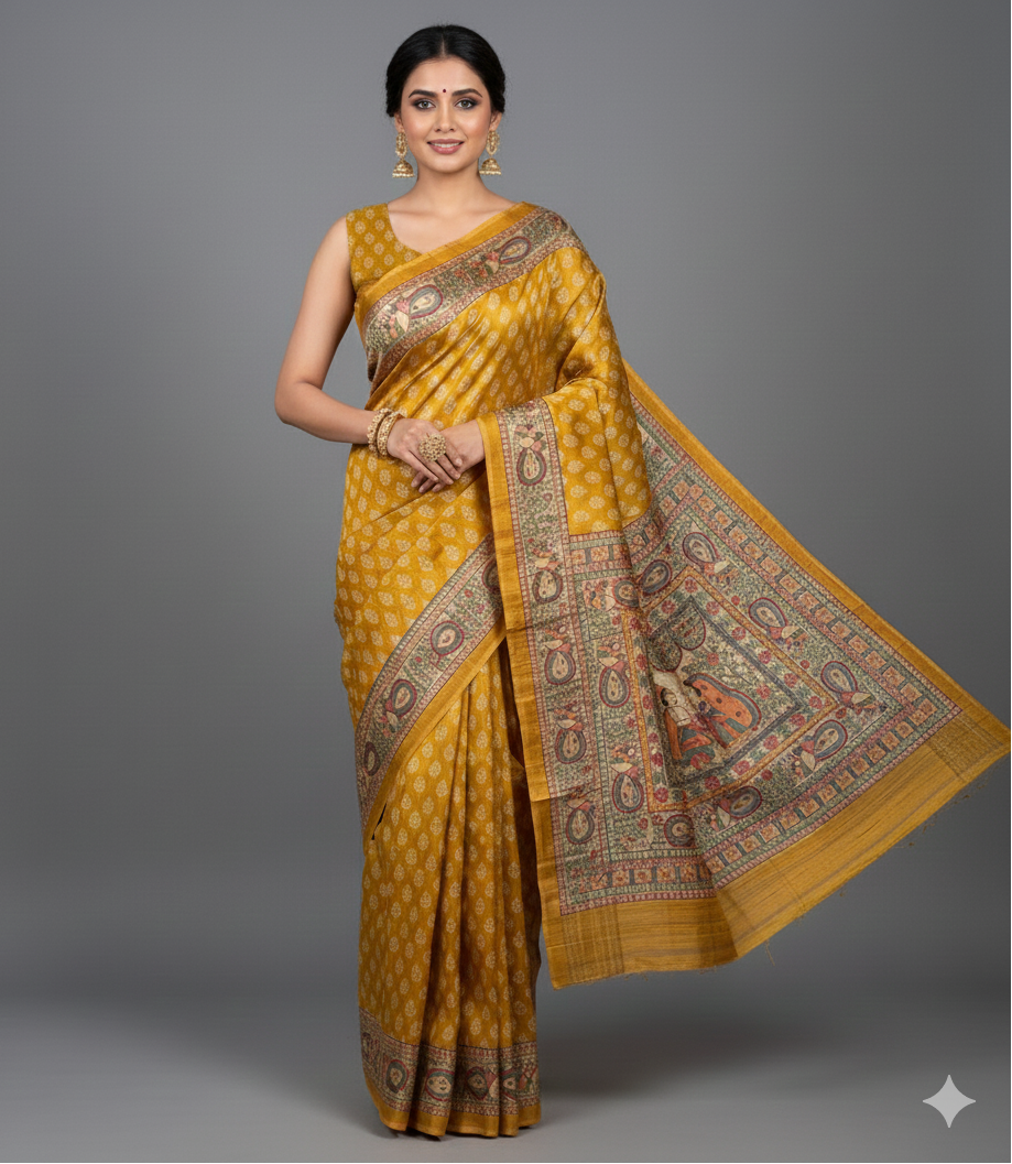 Hand-Painted Madhubani Vivah Tussar Ghicha Silk Saree in Mustard Gold and Natural Cream