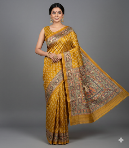 Hand-Painted Madhubani Vivah Tussar Ghicha Silk Saree in Mustard Gold and Natural Cream