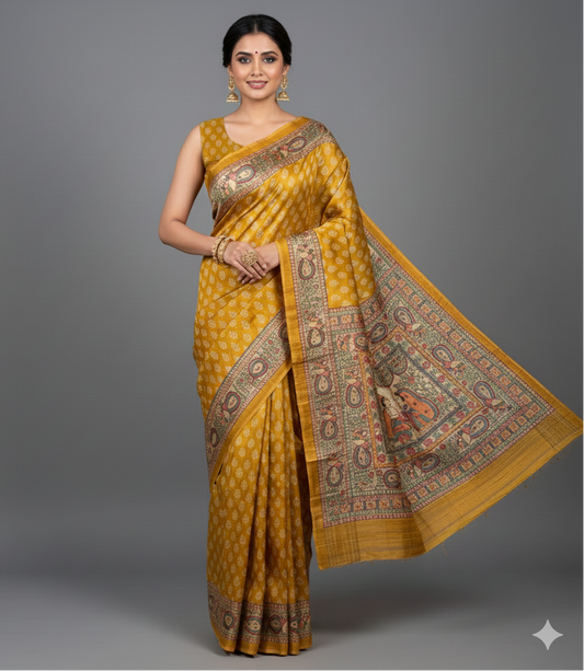 Hand-Painted Madhubani Vivah Tussar Ghicha Silk Saree in Mustard Gold and Natural Cream
