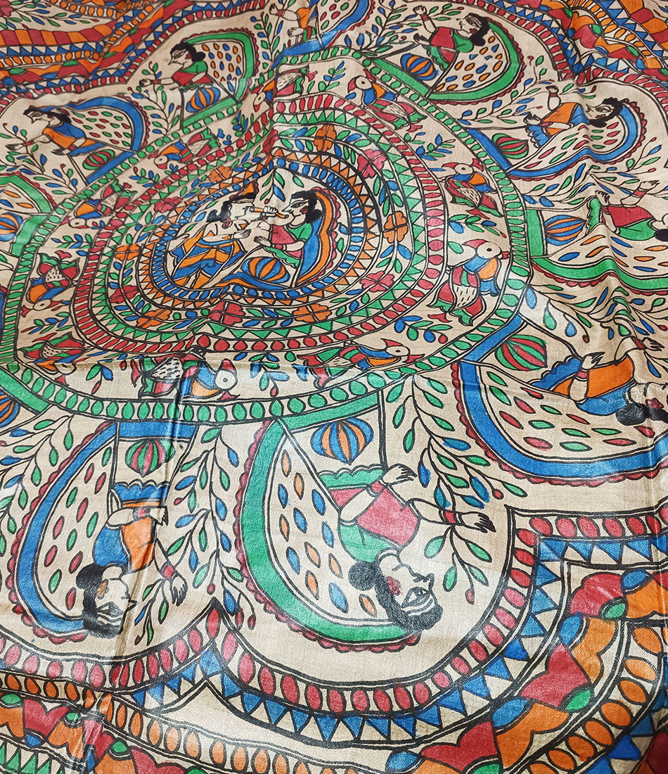 Radha Krishna Madhubani Hand Painted Desi Tussar Silk Saree