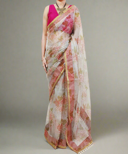 Rust Floral Printed Organza Saree