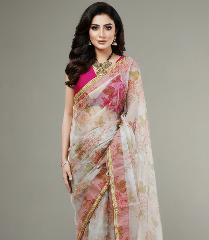 Rust Floral Printed Organza Saree