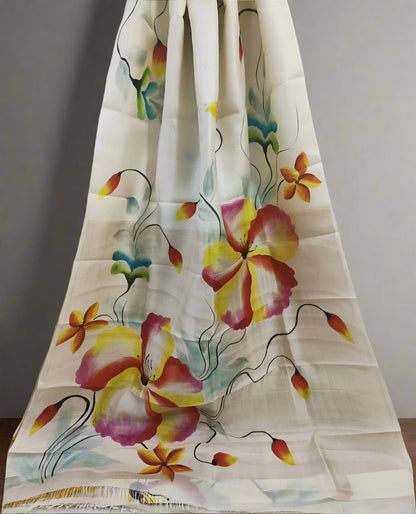 Floral Hand Painted Off White Tussar Silk Saree