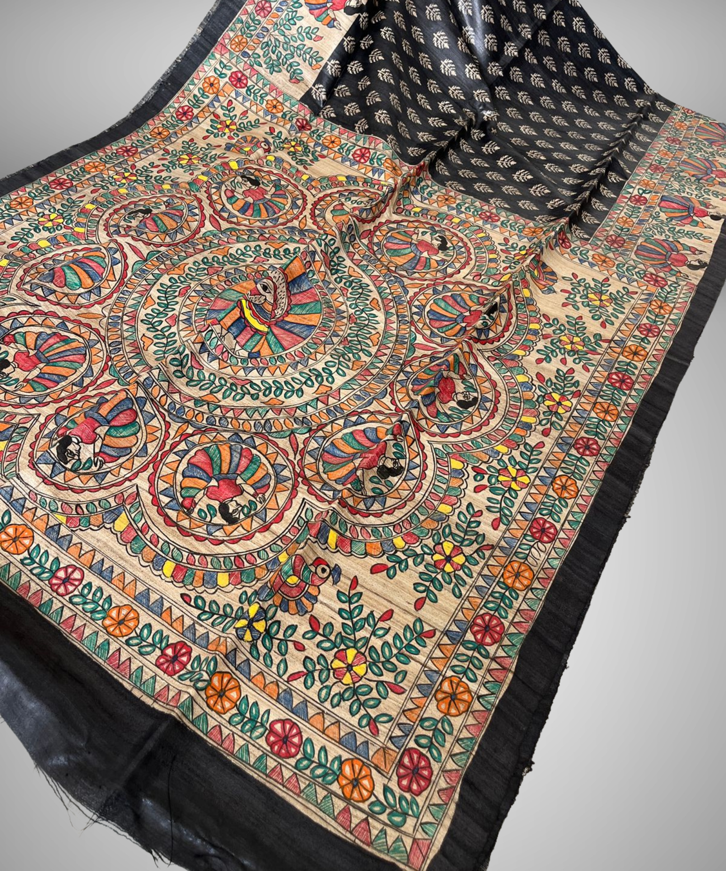 Mandala Kala Hand-Painted Madhubani Tussar Silk Saree in Midnight Black and Natural Beige