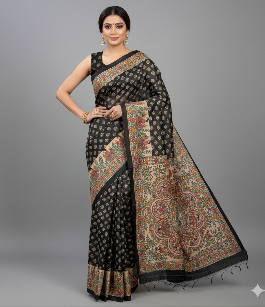 Mandala Kala Hand-Painted Madhubani Tussar Silk Saree in Midnight Black and Natural Beige