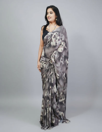 Grey Floral Printed Crepe Saree