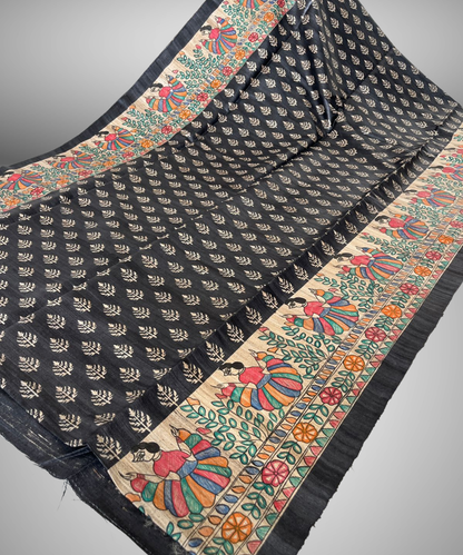 Mandala Kala Hand-Painted Madhubani Tussar Silk Saree in Midnight Black and Natural Beige