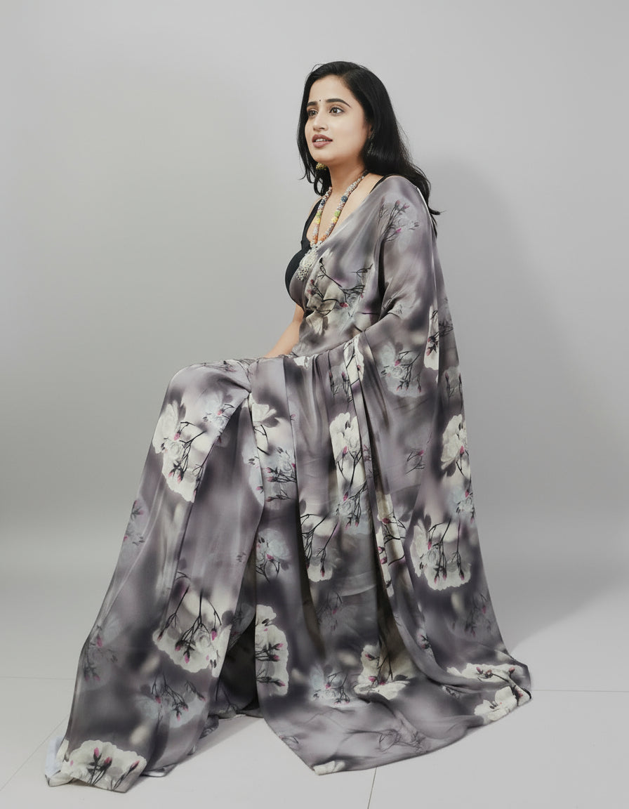 Grey Floral Printed Crepe Saree