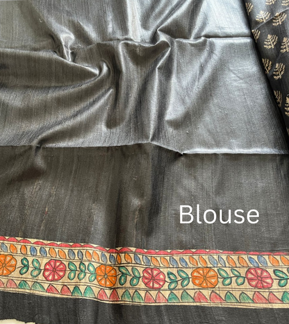 Mandala Kala Hand-Painted Madhubani Tussar Silk Saree in Midnight Black and Natural Beige